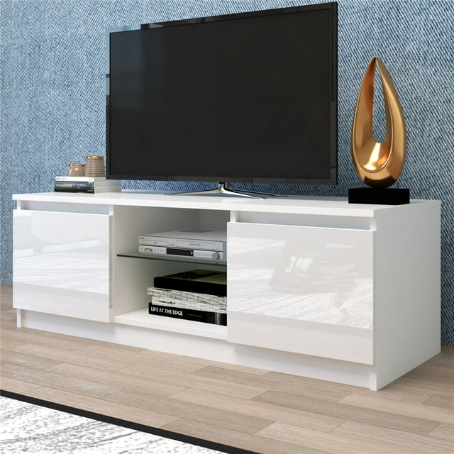TV with LED Lights, SEGMART High Gloss White TV Stand, TV