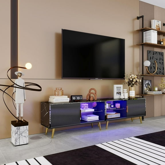 TV Cabinet with Lights Wooden TV Stand with Doors LED Light TV Cabinet Center Storage Cabinet Layered Open Shelf TV Stand for Living Room Bedroom Home Black