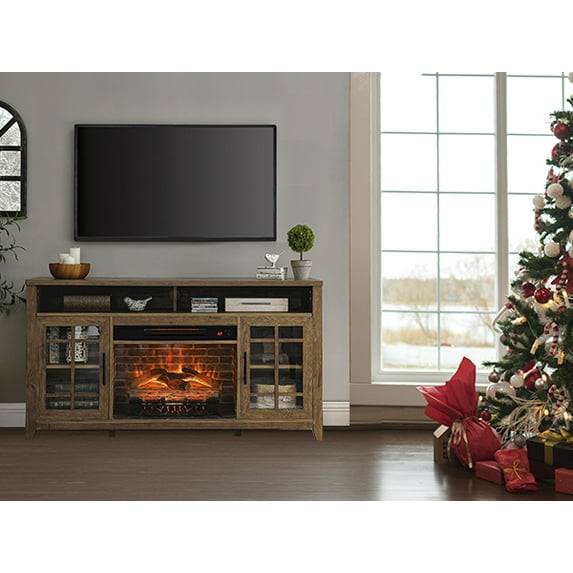 TV Console Storage Cabinet Entertainment Center with Fireplace, Traditional Wood Electric Fireplace TV Console for TVs, Modern Farmhouse TV Stand with Side Cabinets for Living Room