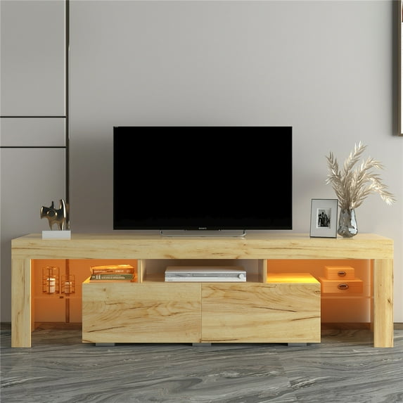 TV Console Table with Storage, SEGMART Oak TV Stand with LED Lights, High Gloss TV Console Cabinet with Drawers, Home Media Entertainment Center for Living Room, 63"Lx13.78"Dx17.7"H, LL274