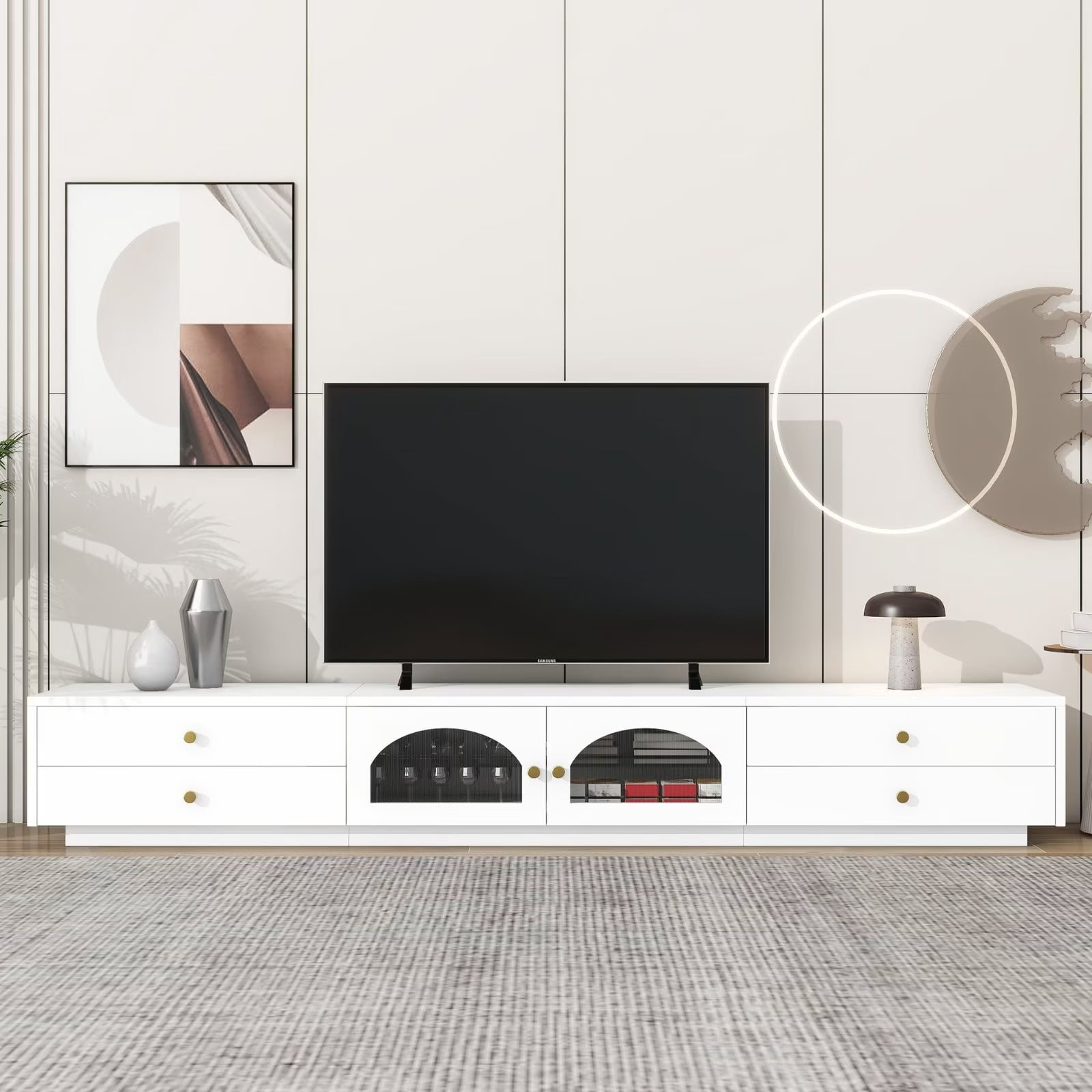 TV Console Table with Storage for TVs up to 90inch, Fluted Glass Doors