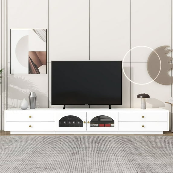 TV Console Table with Storage for TVs up to 90inch, Fluted Glass Doors Wooden Entertainment Center with 4 Drawer and 1 Cabinet, Modern Long TV Stands for Living Room Bedroom, White