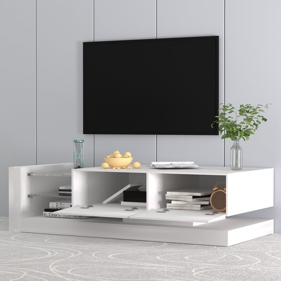 TV Console Table with Storage Cabinets, RGB LED TV Stand with 31 Modes & Remote Control, Modern Entertainment Center for 75 inch TV, White