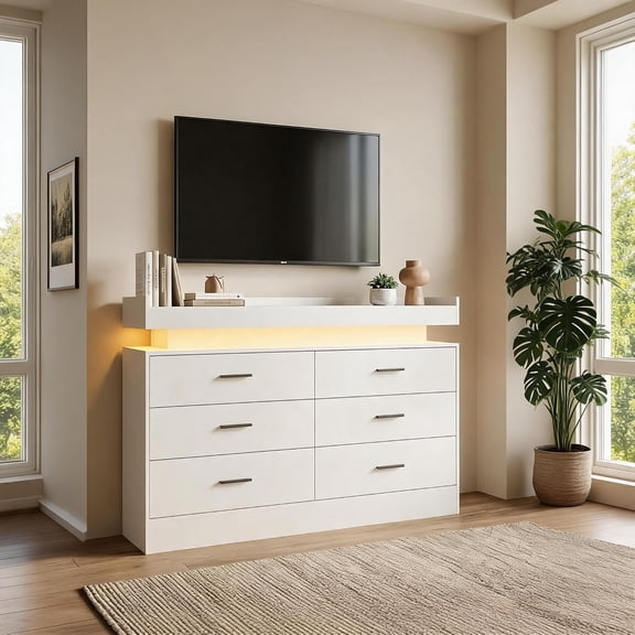 TV Console with LED Lights & Charging Station, 6-Drawer Floating Countertop Sideboard, Modern Coffee Bar Cabinet for Living Room