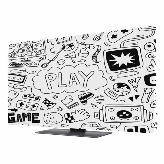 TV Cover 24'', Black White Video Game Elastic Stretch TV Screen Dust Cover Indoor, Console Computer Gaming Sketch Style Washable Anti-Dust Protector Covers, Universal Fit for Flat Curved LED LCD TVs