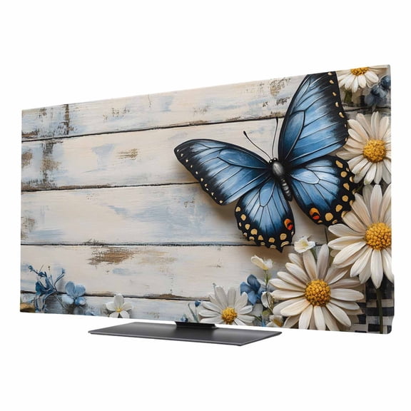 TV Cover 24'', Butterfly Daisy Elastic Stretch TV Screen Dust Cover Indoor, Retro Spring Floral Flower Wooden Grain Washable Anti-Dust Protector Covers, Universal Fit for Flat Curved LED LCD TVs