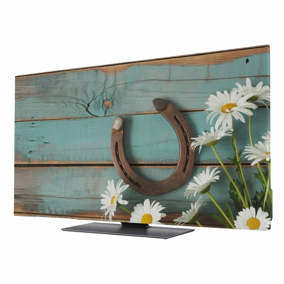 TV Cover 24'', Daisy Flower Elastic Stretch TV Screen Dust Cover Indoor, Vintage Horseshoes Farmhouse Wooden Grain Teal Washable Anti-Dust Protector Covers, Universal Fit for Flat Curved LED LCD TVs