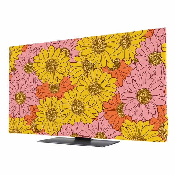 TV Cover 24'', Pink Orange Yellow Daisy Elastic Stretch TV Screen Dust Cover Indoor, Spring Floral Botanical Washable Anti-Dust & Scratch Protector Covers, Universal Fit for Flat Curved LED LCD TVs