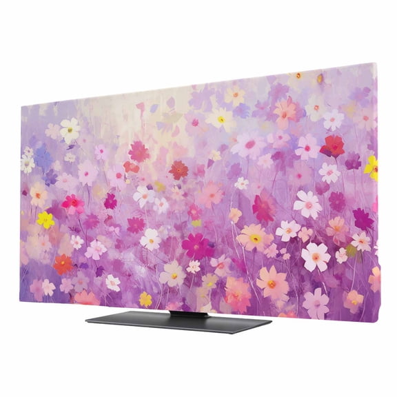 TV Cover 24'', Pink Spring Floral Elastic Stretch TV Screen Dust Cover Indoor, Summer Daisy Botanical Oil Painting Washable Anti-Dust Protector Covers, Universal Fit for Flat Curved LED LCD TVs