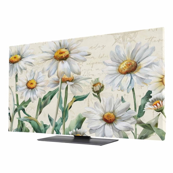 TV Cover 24'', Spring Floral Elastic Stretch TV Screen Dust Cover Indoor, Vintage Summer Botanical White Daisy Washable Anti-Dust & Scratch Protector Covers, Universal Fit for Flat Curved LED LCD TVs
