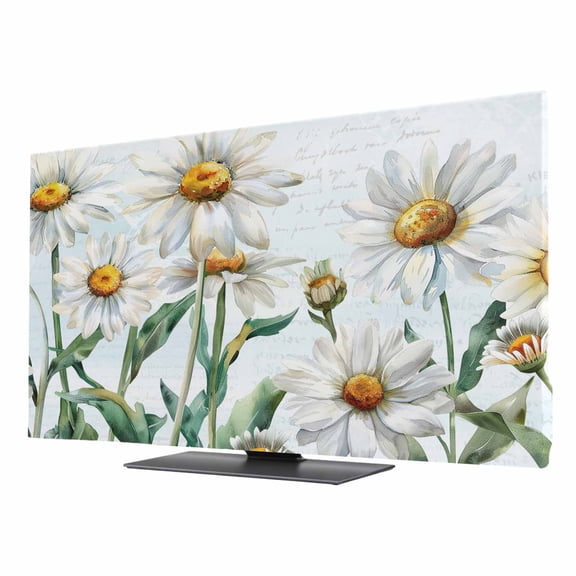 TV Cover 24'', Spring Floral Elastic Stretch TV Screen Dust Cover Indoor, Watercolor Summer Botanical White Daisy Washable Anti-Dust Protector Covers, Universal Fit for Flat Curved LED LCD TVs