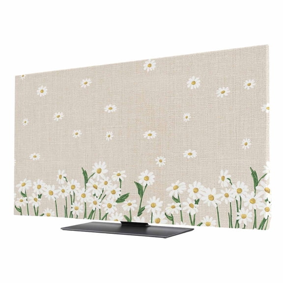 TV Cover 24'', Spring Floral Elastic Stretch TV Screen Dust Cover Indoor, White Daisy Farmhouse Linen Texture Washable Anti-Dust & Scratch Protector Covers, Universal Fit for Flat Curved LED LCD TVs