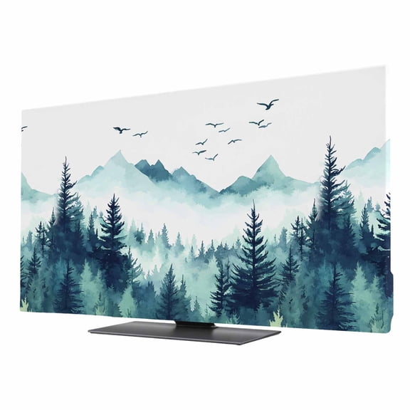 TV Cover 24'', Turquoise Forest Elastic Stretch TV Screen Dust Cover Indoor, Mountains Birds Fog Tree Scenery Washable Anti-Dust & Scratch Protector Covers, Universal Fit for Flat Curved LED LCD TVs