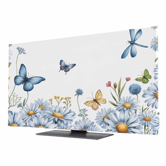 TV Cover 24'', White Daisy Blossom Elastic Stretch TV Screen Dust Cover Indoor, Spring Graden Floral Butterflies Washable Anti-Dust Protector Covers, Universal Fit for Flat Curved LED LCD TVs
