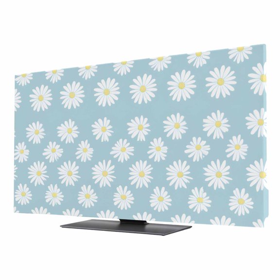 TV Cover 24'', White Teal Daisy Elastic Stretch TV Screen Dust Cover Indoor, Spring Summer Floral Farmhouse Washable Anti-Dust & Scratch Protector Covers, Universal Fit for Flat Curved LED LCD TVs
