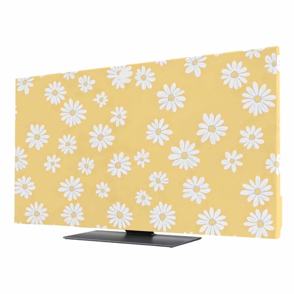 TV Cover 24'', White Yellow Daisy Elastic Stretch TV Screen Dust Cover Indoor, Spring Summer Floral Botanical Washable Anti-Dust & Scratch Protector Covers, Universal Fit for Flat Curved LED LCD TVs