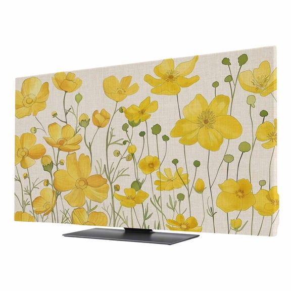 TV Cover 24'', Yellow Daisy Elastic Stretch TV Screen Dust Cover Indoor, Rustic Spring Floral Summer Botanical Washable Anti-Dust & Scratch Protector Covers, Universal Fit for Flat Curved LED LCD TVs