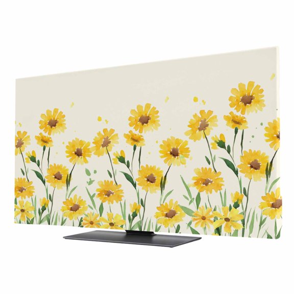 TV Cover 24'', Yellow Spring Floral Elastic Stretch TV Screen Dust Cover Indoor, Pastoral Flowers Daisy Washable Anti-Dust & Scratch Protector Covers, Universal Fit for Flat Curved LED LCD TVs