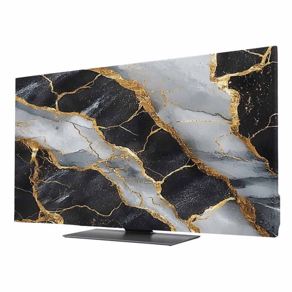 TV Cover 32'', Marble Black Elastic Stretch TV Screen Dust Cover Indoor, Grey Granite Surface Luxury Gold Foil Washable Anti-Dust & Scratch Protector Covers, Universal Fit for Flat Curved LED LCD TVs