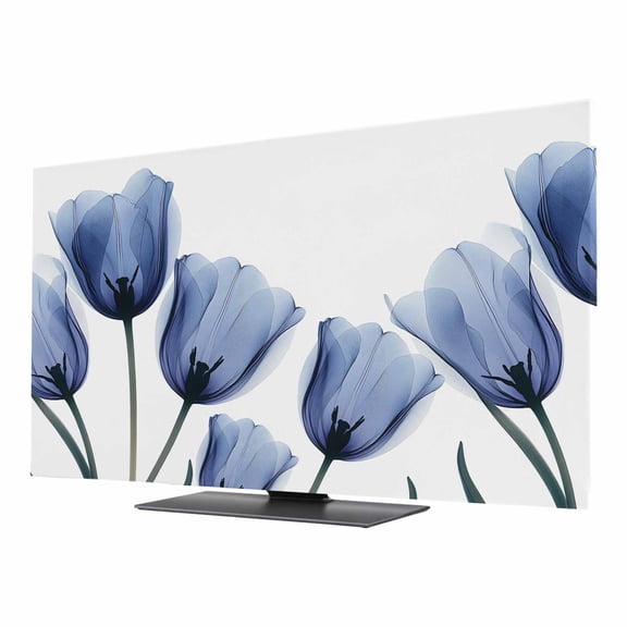 TV Cover 40'', Blue Tulip Flower Elastic Stretch TV Screen Dust Cover Indoor, Vintage Spring Plant Floral Botanical Washable Anti-Dust Protector Covers, Universal Fit for Flat Curved LED LCD TVs