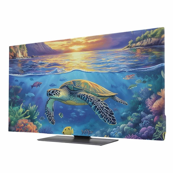 TV Cover 85'', Sea Turtles Elastic Stretch TV Screen Dust Cover Indoor, Coastal Coral Tropical Fish Sunset Scenery Washable Anti-Dust Protector Covers, Universal Fit for Flat Curved LED LCD TVs