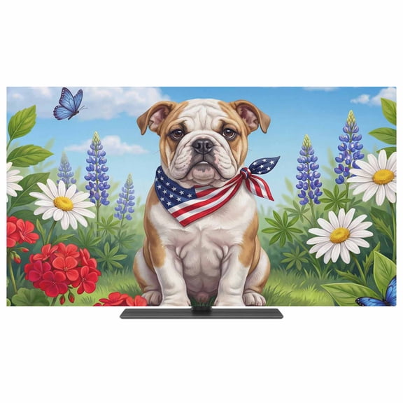 TV Cover Indoor, 4th of July Stretch TV Dust Cover Television Screen Protector, Independence Day USA Flag Dog Daisy Elastic Polyester Display Covers, Monitor Slipcover for LED LCD TVs 65 Inch