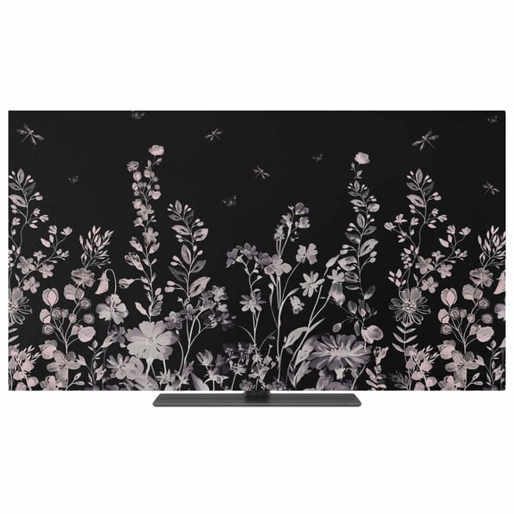 TV Cover Indoor, Black Botanical Stretch TV Dust Cover Television Screen Protector, Dragonfly Flower Leaf Retro Style Elastic Polyester Display Covers, Monitor Slipcover for LED LCD TVs 55 Inch
