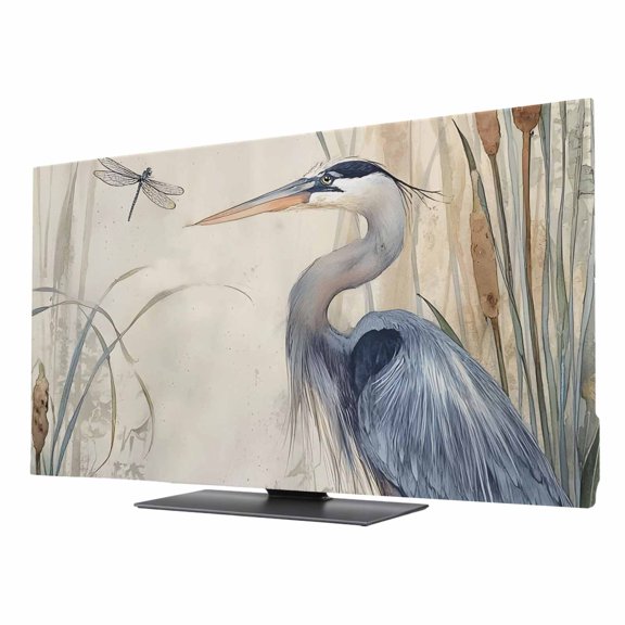 TV Cover Indoor, Blue Heron Stretch TV Dust Cover Television Screen Protector, Reeds Dragonfly Coastal Animals Elastic Polyester Display Covers, Monitor Slipcover for LED LCD TVs 55 Inch
