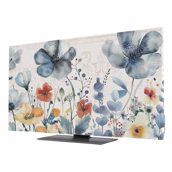 TV Cover Indoor, Blue Spring Floral Stretch TV Dust Cover Television Screen Protector, Vintage Watercolor Summer Botanical Elastic Polyester Display Covers, Monitor Slipcover for LED LCD TVs 65 Inch