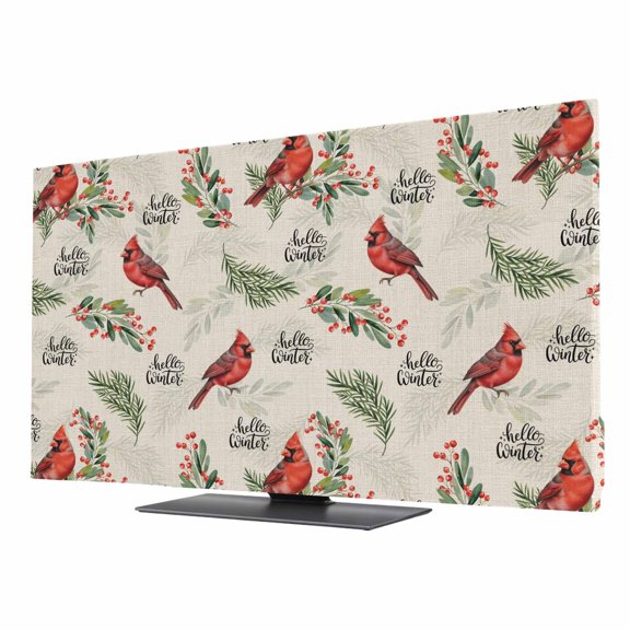 TV Cover Indoor, Cardinal Bird Stretch TV Dust Cover Television Screen Protector, Holly Branches Berry Winter Beige Elastic Polyester Display Covers, Monitor Slipcover for LED LCD TVs 75 Inch