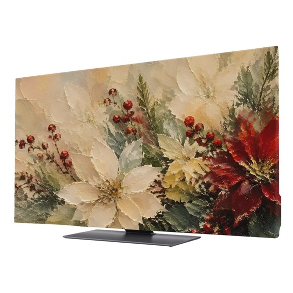 TV Cover Indoor, Christmas Poinsettia Blooms Stretch TV Dust Cover Television Screen Protector, Winter Berry Botanical Xmas Elastic Polyester Display Covers, Monitor Slipcover for LED LCD TVs 50 Inch
