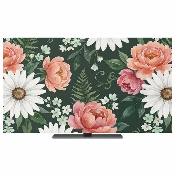 TV Cover Indoor, Daisies Peonies Stretch TV Dust Cover Television Screen Protector, Dark Green Botanical Flowers Vines Elastic Polyester Display Covers, Monitor Slipcover for LED LCD TVs 24 Inch