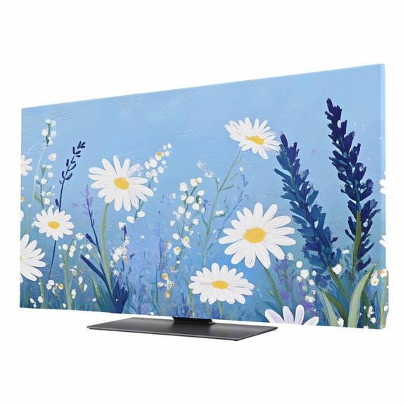 TV Cover Indoor, Daisy Botanical Stretch TV Dust Cover Television Screen Protector, Blue Floral Pastoral Elastic Polyester Display Covers, Monitor Slipcover for LED LCD TVs 40 Inch