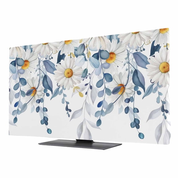 TV Cover Indoor, Daisy Flowers Stretch TV Dust Cover Television Screen Protector, Spring Blue Eucalyptus Leaves Floral Elastic Polyester Display Covers, Monitor Slipcover for LED LCD TVs 40 Inch
