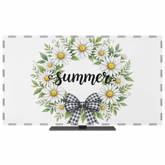 TV Cover Indoor, Daisy Flowers Stretch TV Dust Cover Television Screen Protector, Summer Flowers Wreath Leaves Bow Black Plaid Elastic Polyester Display Covers, Monitor Slipcover for LED TVs 24 Inch