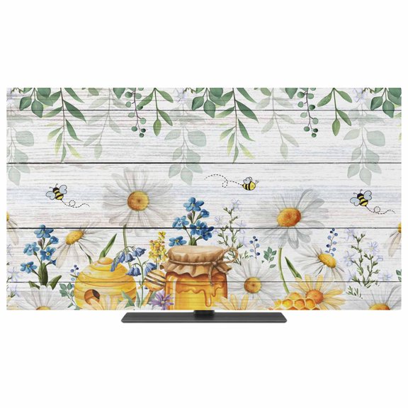 TV Cover Indoor, Daisy Spring Floral Stretch TV Dust Cover Television Screen Protector, Farmhouse Botanical Green Leaves Wooden Elastic Polyester Display Covers, Monitor Slipcover for LED TVs 65 Inch