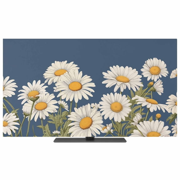TV Cover Indoor, Daisy Stretch TV Dust Cover Television Screen Protector, Spring Floral Summer Botanical Elegant Navy Blue Elastic Polyester Display Covers, Monitor Slipcover for LED LCD TVs 24 Inch