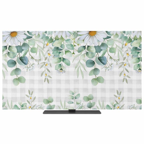 TV Cover Indoor, Eucalyptus Leaves Stretch TV Dust Cover Television Screen Protector, Spring Daily Flowers Plants Gray Plaid Elastic Polyester Display Covers, Monitor Slipcover for LED TVs 24 Inch