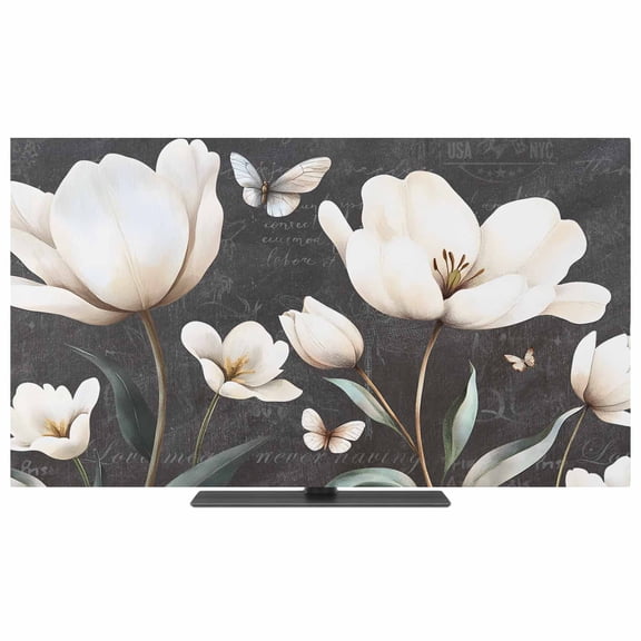 TV Cover Indoor, Farmhouse Floral Stretch TV Dust Cover Television Screen Protector, Magnolia Flowers Vintage Blackboard Elastic Polyester Display Covers, Monitor Slipcover for LED LCD TVs 85 Inch