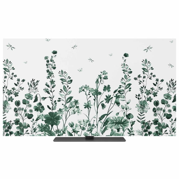TV Cover Indoor, Green Botanical Stretch TV Dust Cover Television Screen Protector, Dragonfly Flower Leaf Retro Ink Style Elastic Polyester Display Covers, Monitor Slipcover for LED LCD TVs 24 Inch