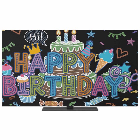 TV Cover Indoor, HAPPY BIRTHDAY Stretch TV Dust Cover Television Screen Protector, Cartoon Cakes Candles Lines Painted Elastic Polyester Display Covers, Monitor Slipcover for LED LCD TVs 24 Inch
