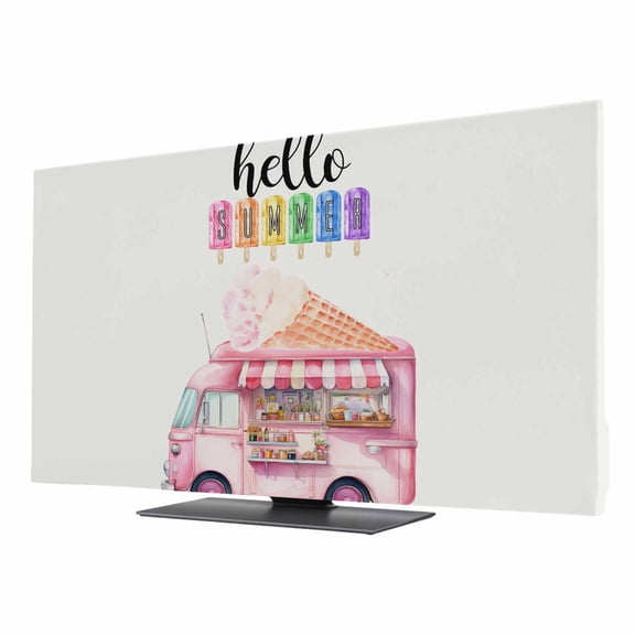 TV Cover Indoor, Hello Summer Stretch TV Dust Cover Television Screen Protector, Pink Ice Cream Truck Watercolor Elastic Polyester Display Covers, Monitor Slipcover for LED LCD TVs 40 Inch