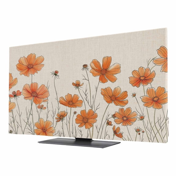 TV Cover Indoor, Orange Spring Floral Stretch TV Dust Cover Television Screen Protector, Summer Botanical Rustic Daisy Elastic Polyester Display Covers, Monitor Slipcover for LED LCD TVs 24 Inch