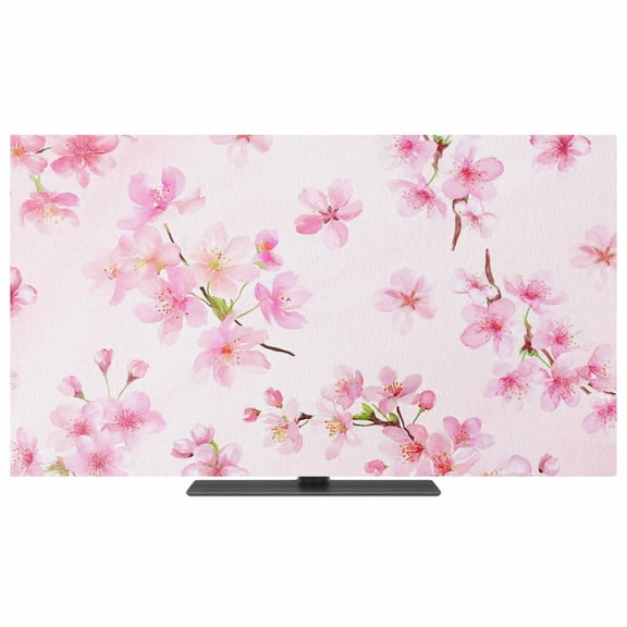 TV Cover Indoor, Pink Cherry Stretch TV Dust Cover Television Screen Protector, Spring Botanical Blossoms Flowers Floral Elastic Polyester Display Covers, Monitor Slipcover for LED LCD TVs 65 Inch