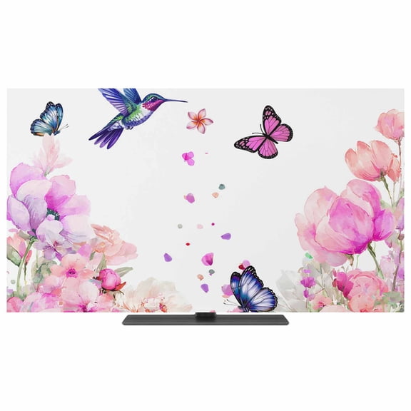 TV Cover Indoor, Pink Flower Stretch TV Dust Cover Television Screen Protector, Spring Floral Butterflies Elegant Pastoral Birds Elastic Polyester Display Covers, Monitor Slipcover for LED TVs 24"