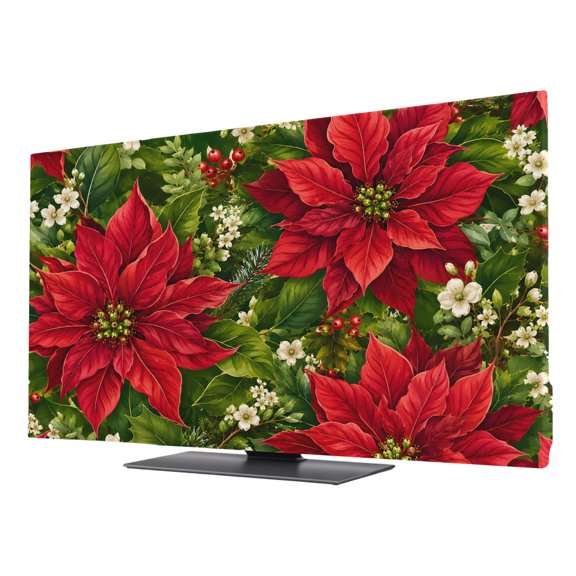 TV Cover Indoor, Poinsettia Flowers Stretch TV Dust Cover Television Screen Protector, Christmas Floral Winter Watercolor Bloom Elastic Polyester Display Covers, Monitor Slipcover for LED TVs 32 Inch