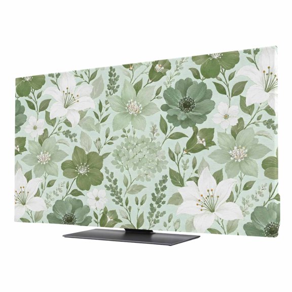 TV Cover Indoor, Sage Green Spring Floral Stretch TV Dust Cover Television Screen Protector, Elegant Pastoral Flowers Modern Art Elastic Display Covers, Monitor Slipcover for LED TVs 32 Inch
