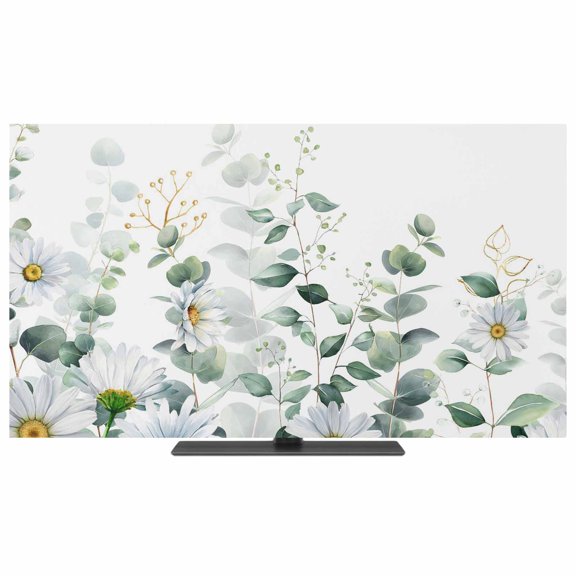 TV Cover Indoor, Spring Floral Stretch TV Dust Cover Television Screen Protector, White Daisy Watercolor Leaves Pastoral Elastic Polyester Display Covers, Monitor Slipcover for LED LCD TVs 24 Inch
