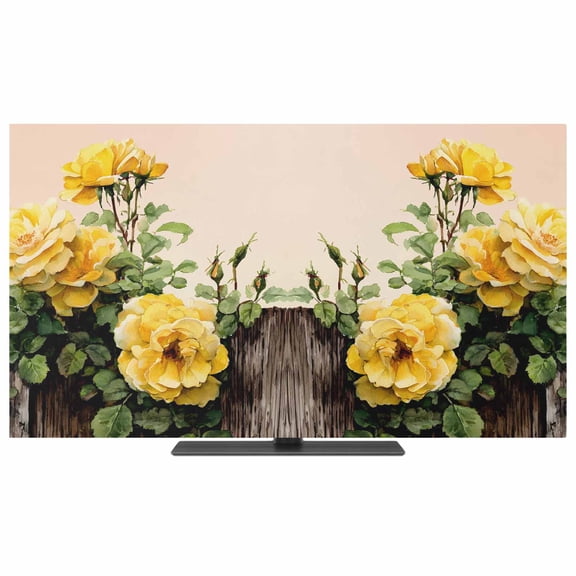 TV Cover Indoor, Spring Floral Stretch TV Dust Cover Television Screen Protector, Yellow Roses Flowers Rustic Botanical Pink Elastic Polyester Display Covers, Monitor Slipcover for LED TVs 24 Inch