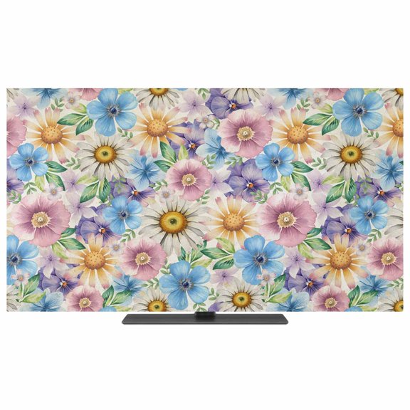 TV Cover Indoor, Spring Flowers Stretch TV Dust Cover Television Screen Protector, Watercolor Floral Daisy Plants Country Elastic Polyester Display Covers, Monitor Slipcover for LED LCD TVs 43 Inch